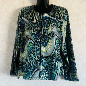 Investments Women's Size Large Animal Print Full Zip Long Sleeve Shine Blue Gree